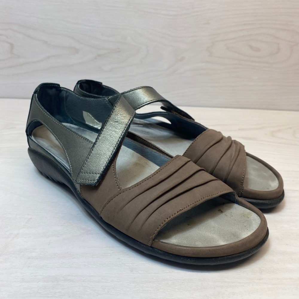 Naot Womens 37 Sandals Leather Ruched Pewter Brown Comfort Walking Shoes Israel